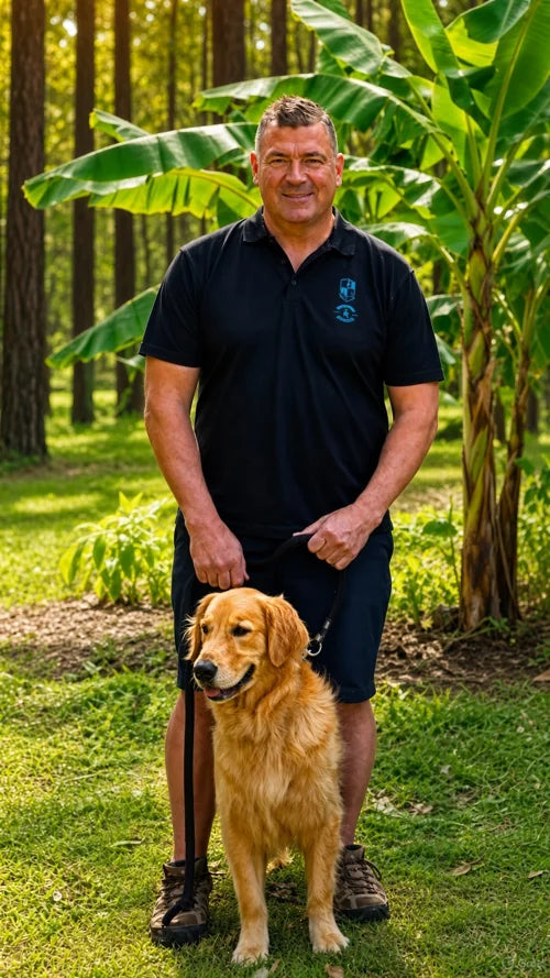 Richard, founder of FARCOFF, standing outdoors with his dog