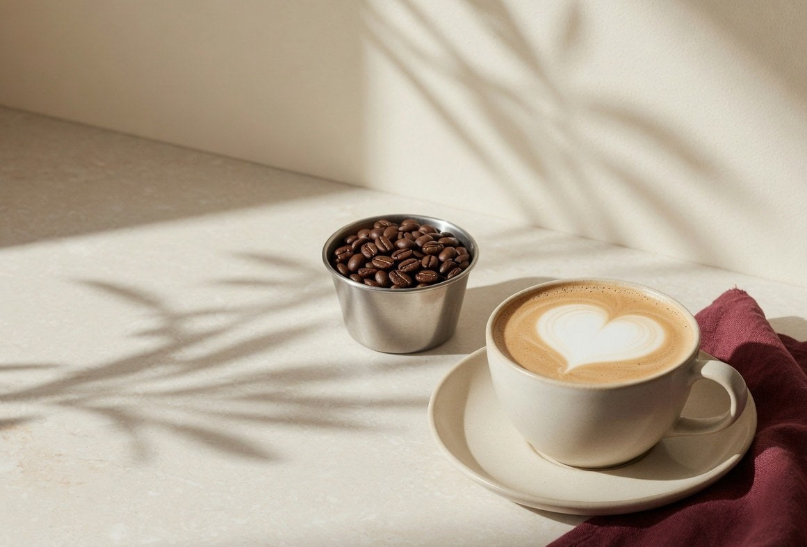 A home flat white in a ceramic cup beside a metal cup of whole coffee beans