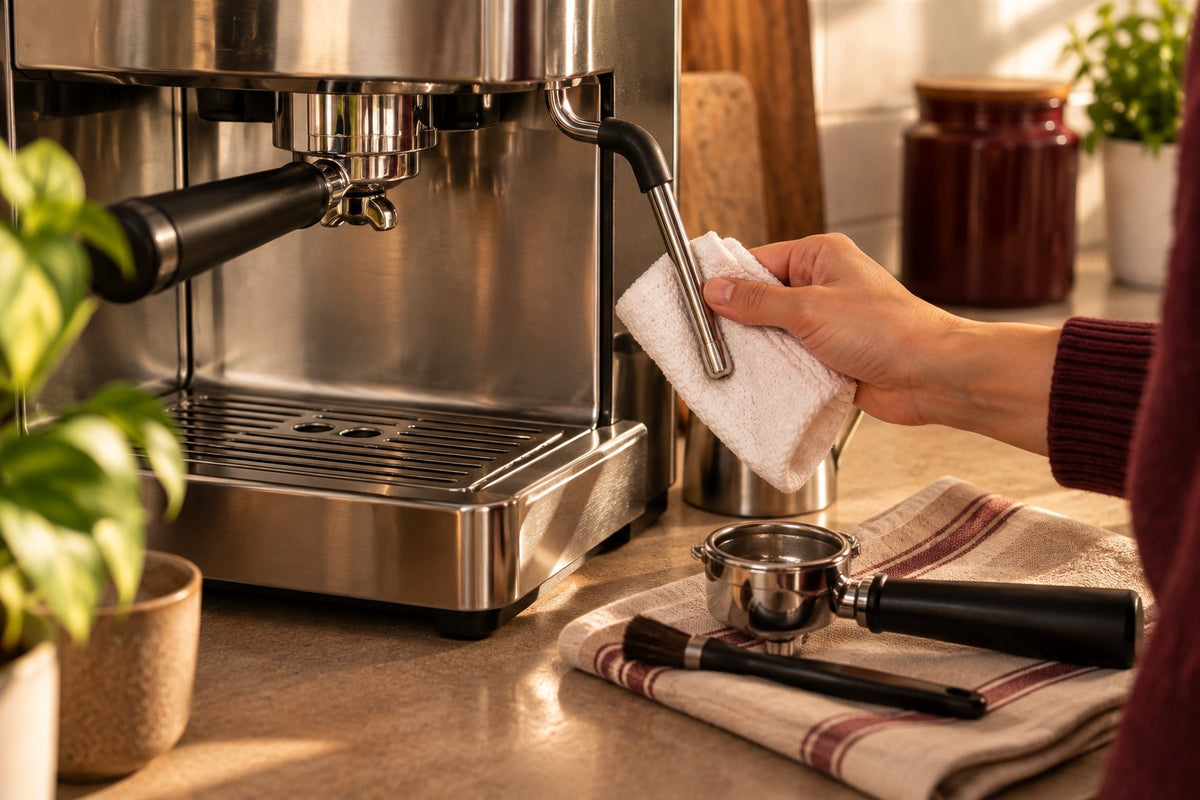 Wiping the steam wand of a home espresso machine with a cloth, with the portafilter and a cleaning brush beside it
