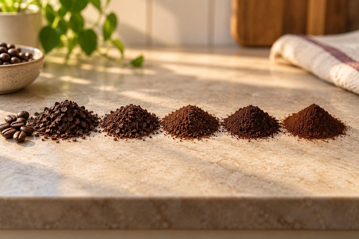 Five piles of ground coffee arranged from coarse to fine on a stone benchtop