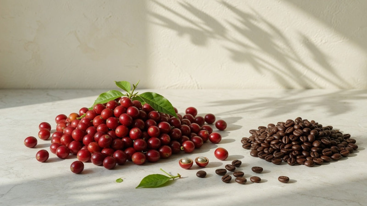 A large pile of ripe red coffee cherries beside a much smaller pile of roasted coffee beans.