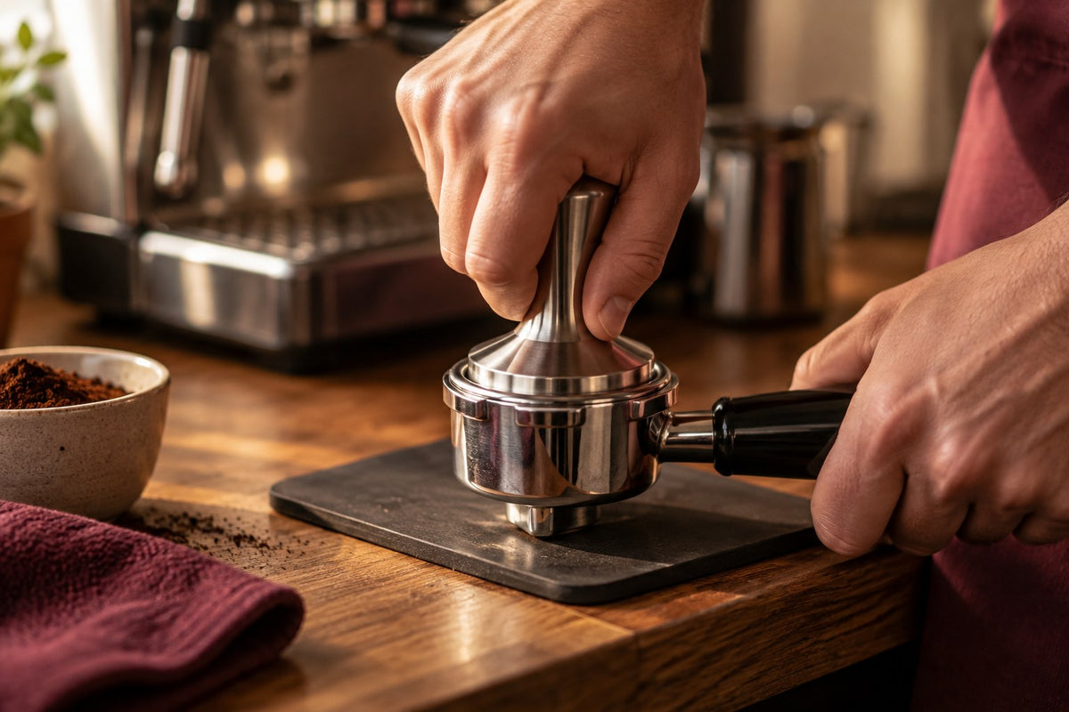 Hands pressing a steel tamper level into a portafilter of ground coffee on a tamping mat