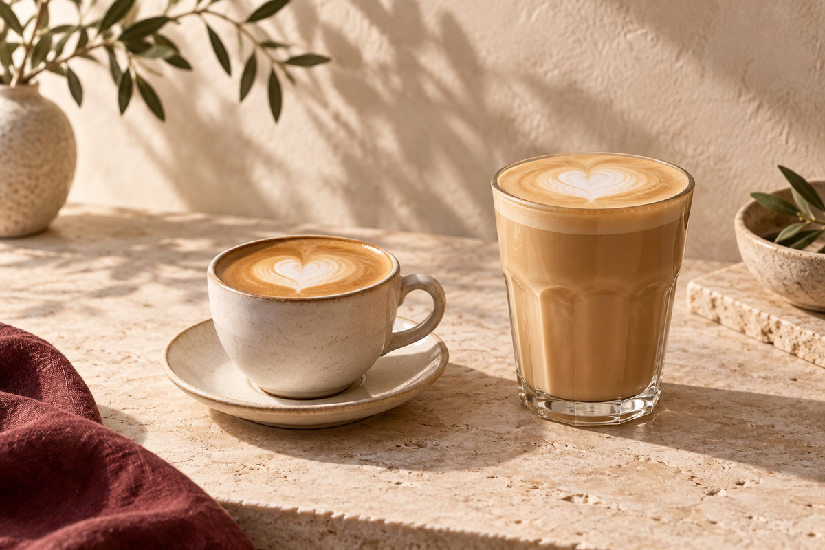 Flat white in a ceramic cup beside a latte in a glass — AI-created editorial illustration