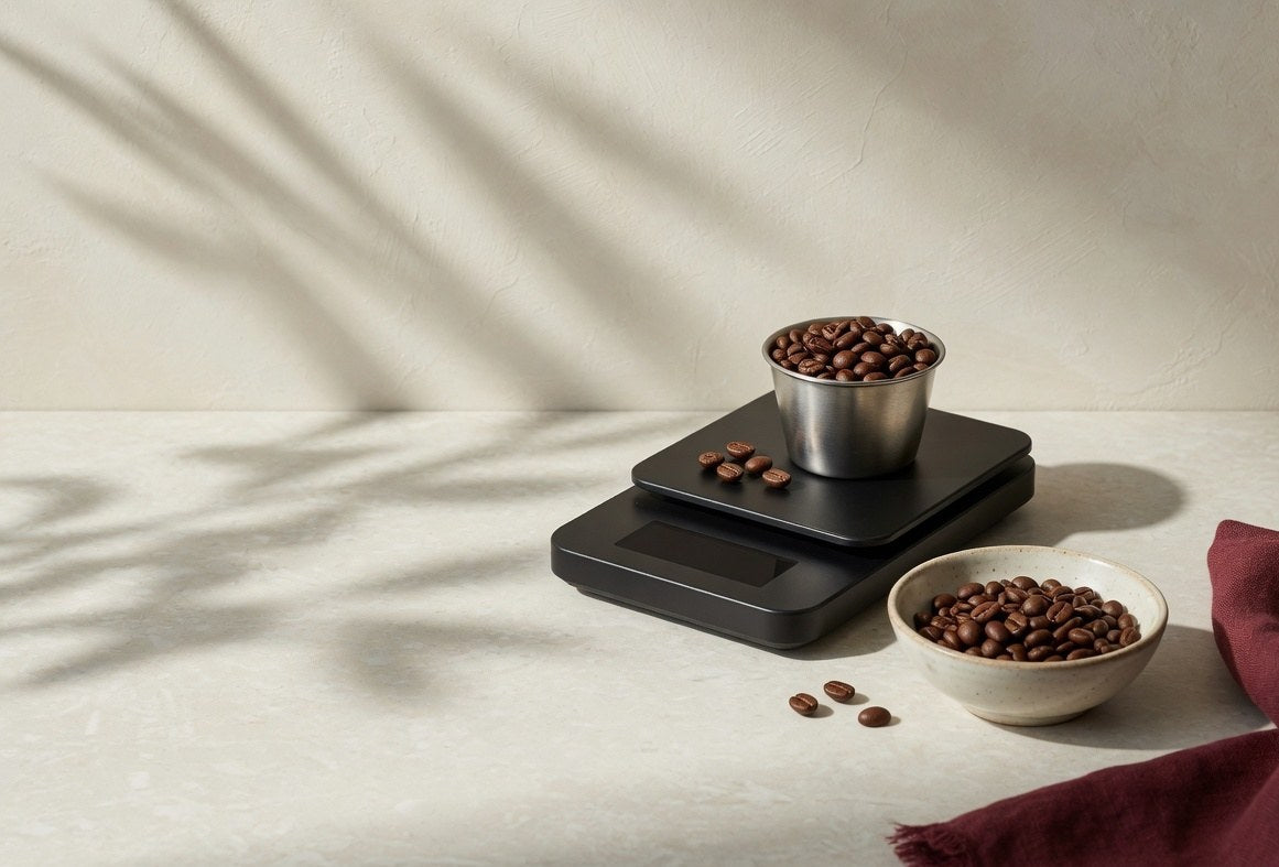 Whole coffee beans in a metal dosing cup on a kitchen scale, with a small bowl of beans beside it