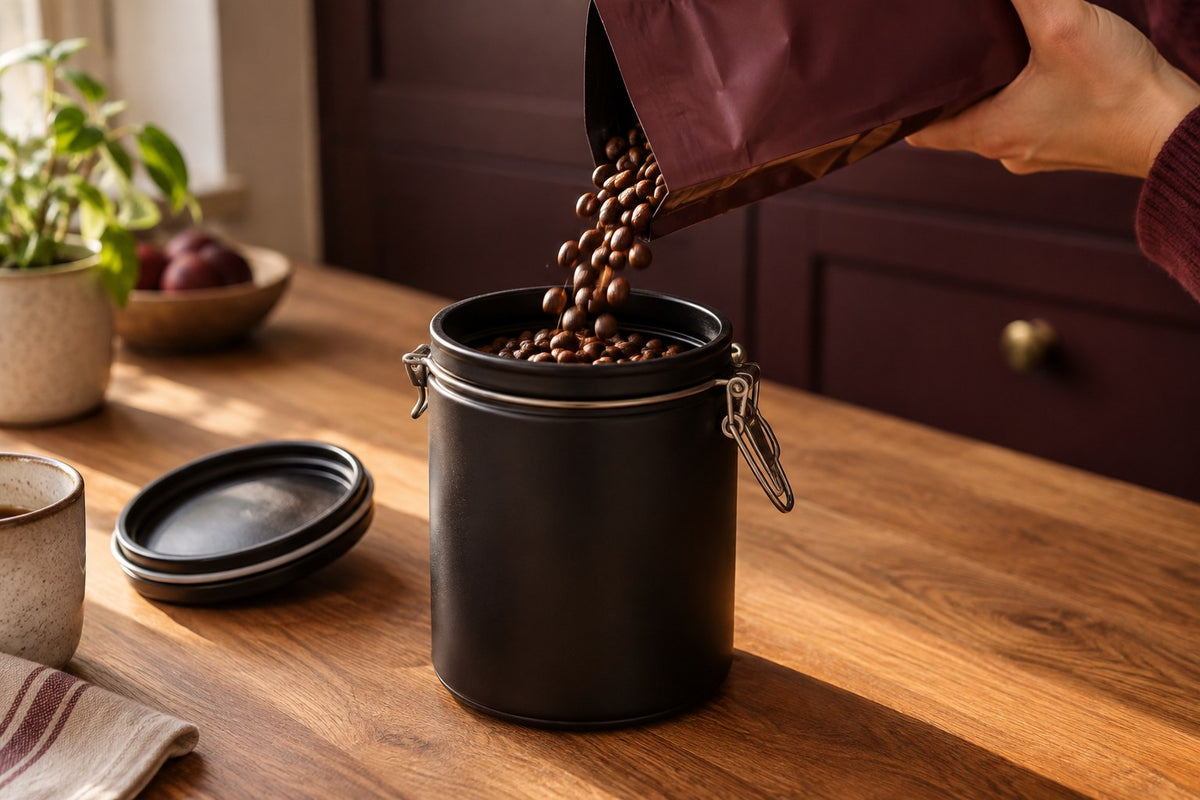 Whole roasted coffee beans being poured from a bag into a black airtight storage canister on a wooden kitchen bench