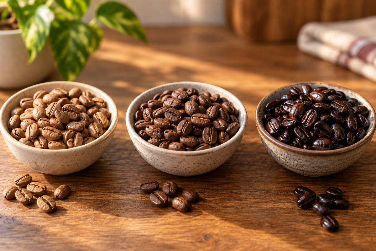Three bowls of coffee beans showing light, medium and dark roast levels side by side