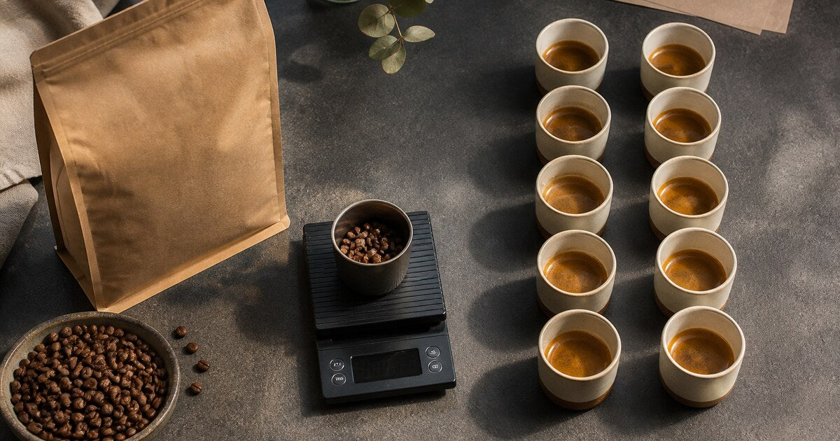 A one-kilogram coffee bag, an 18 gram dose on scales and a row of espresso cups illustrating coffee yield.