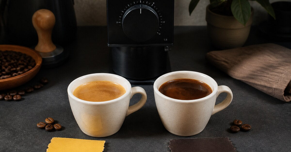 Two espresso cups beside a coffee grinder, with muted yellow and cocoa tasting-note cards representing sour and bitter.