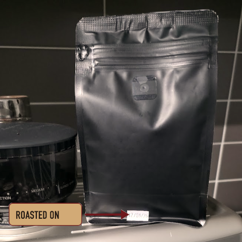 Back of a FARCOFF Smooth Coffee bag with the roasted-on date stamp highlighted