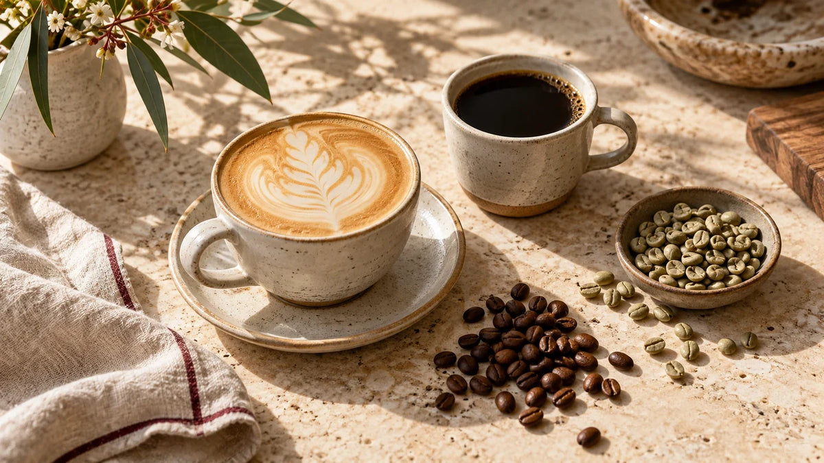 A flat white and black coffee beside roasted and green coffee beans on a sunlit stone bench.