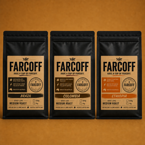 FARCOFF Around the World taster pack — Brazil, Colombia and Ethiopia 250g bags, front view