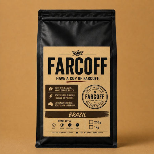 FARCOFF Brazil — matte black bag, finalised label (v3)