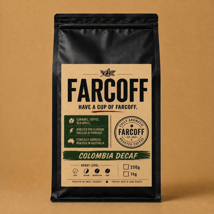 FARCOFF Colombia Decaf — matte black bag, finalised label (v3)