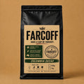 FARCOFF Colombia Decaf — matte black bag, finalised label (v3)