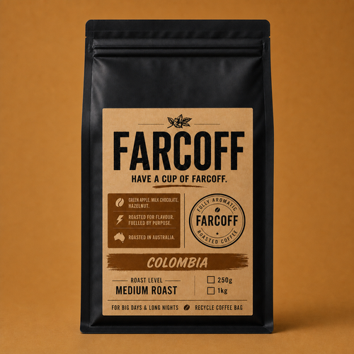 FARCOFF Colombia single origin coffee bag, front view