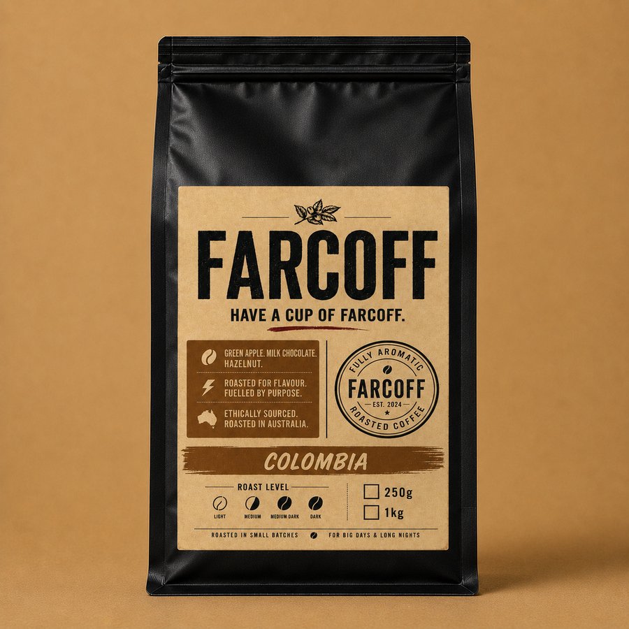 FARCOFF Colombia — matte black bag, finalised label (v3)