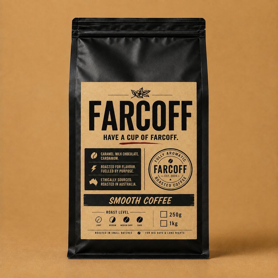 FARCOFF Smooth Coffee — matte black bag, finalised label (v3)