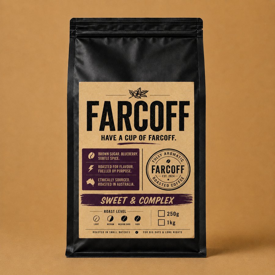 FARCOFF Sweet & Complex — matte black bag, finalised label (v3)