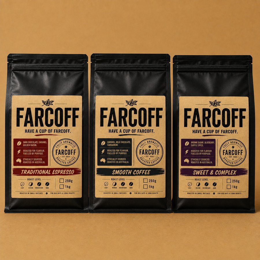 FARCOFF Taster Pack — matte black bag, finalised label (v3)
