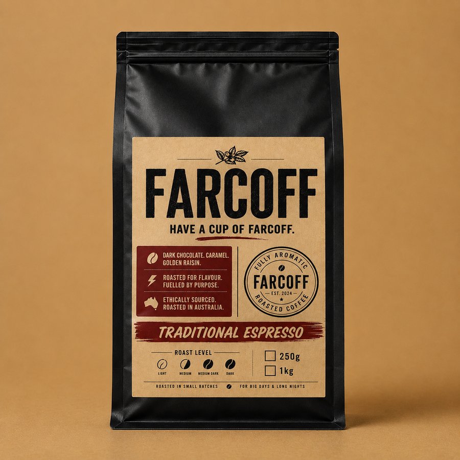 FARCOFF Traditional Espresso — matte black bag, finalised label (v3)