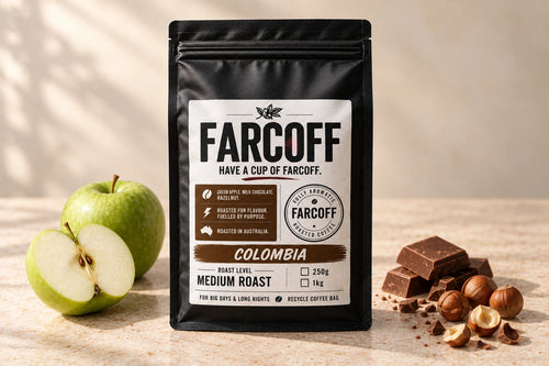 FARCOFF Colombia — Green apple, milk chocolate and hazelnut. Version seven white label.