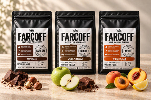 FARCOFF Around the World Taster Pack — Brazil, Colombia and Ethiopia. Your cup’s going places. Version seven white label.