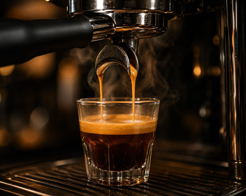 Espresso extracting into a glass — FARCOFF coffee