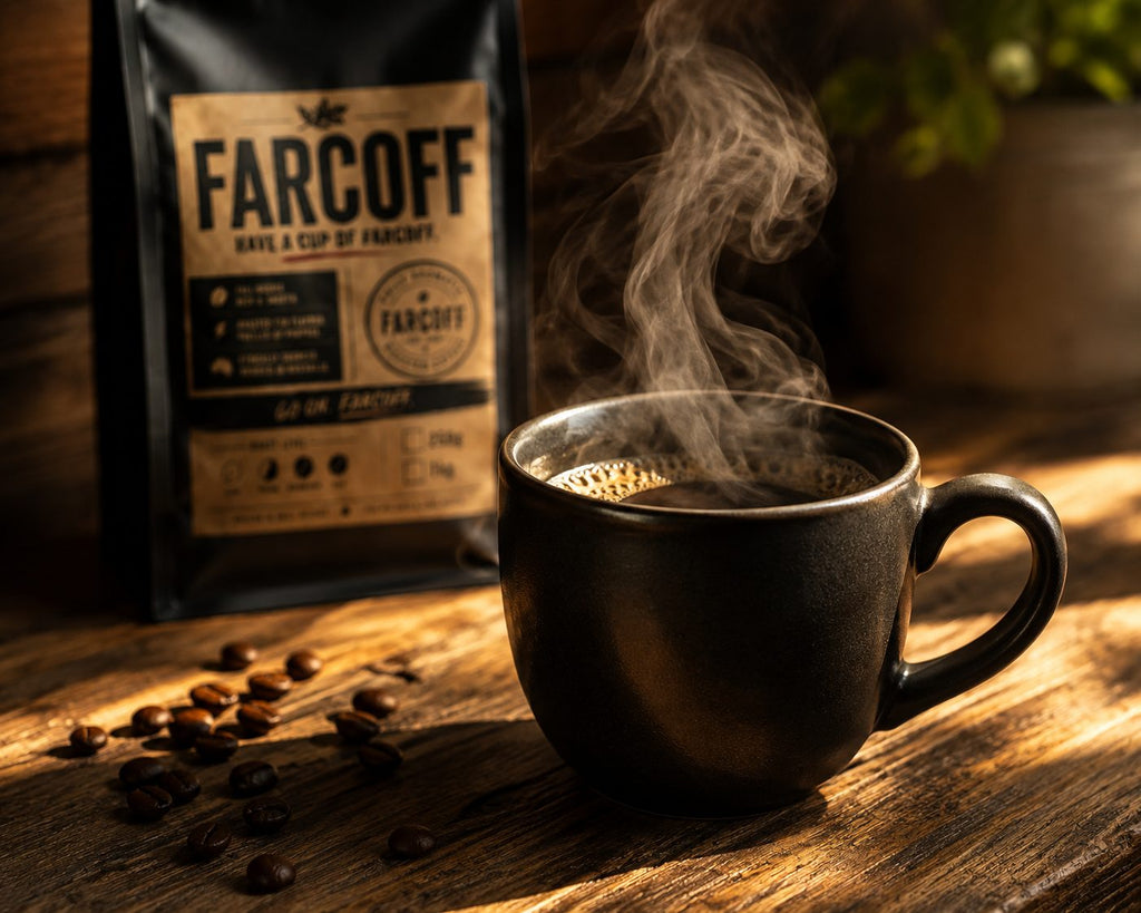 Steaming mug of black FARCOFF coffee with bag
