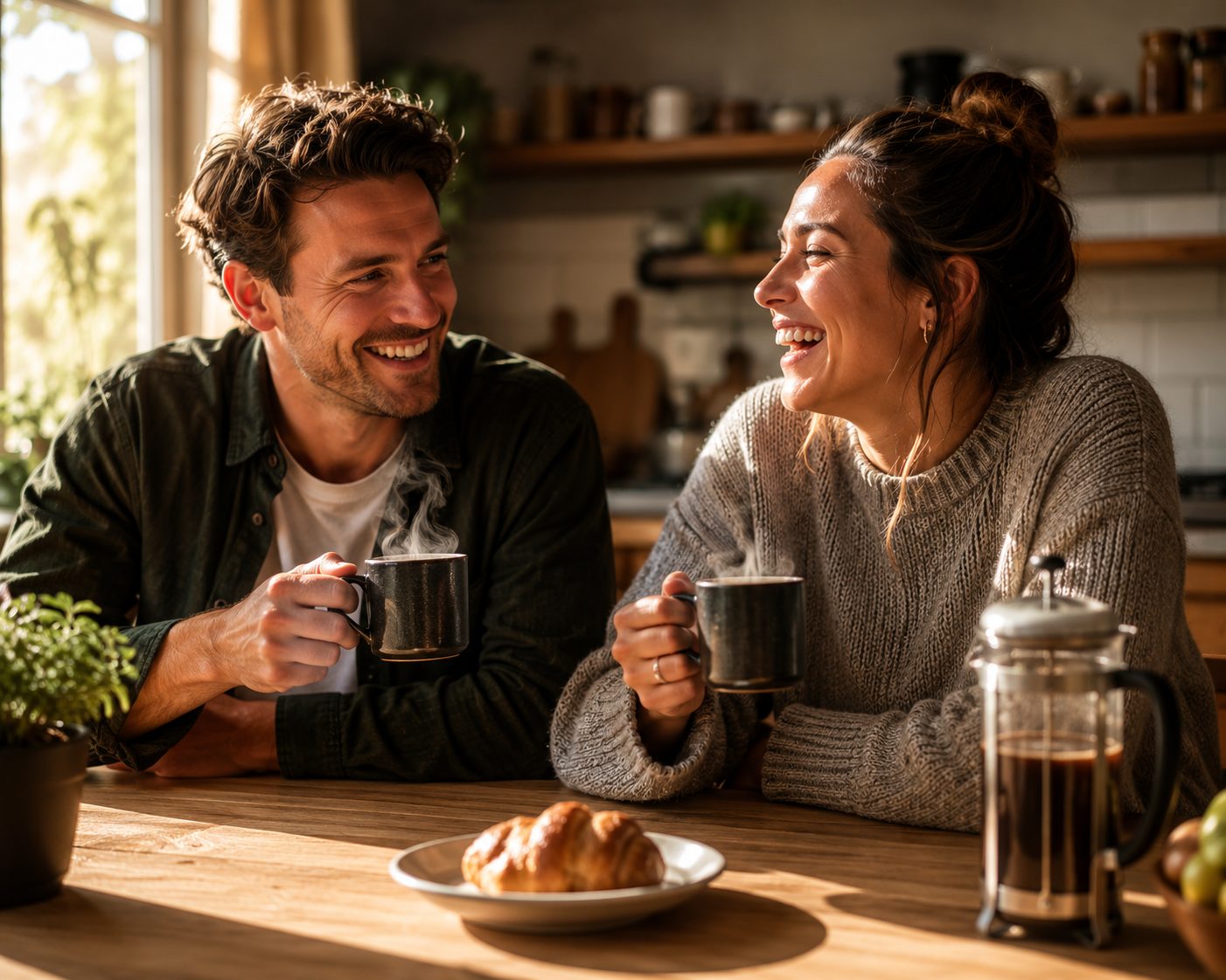 Friends sharing a laugh over FARCOFF coffee
