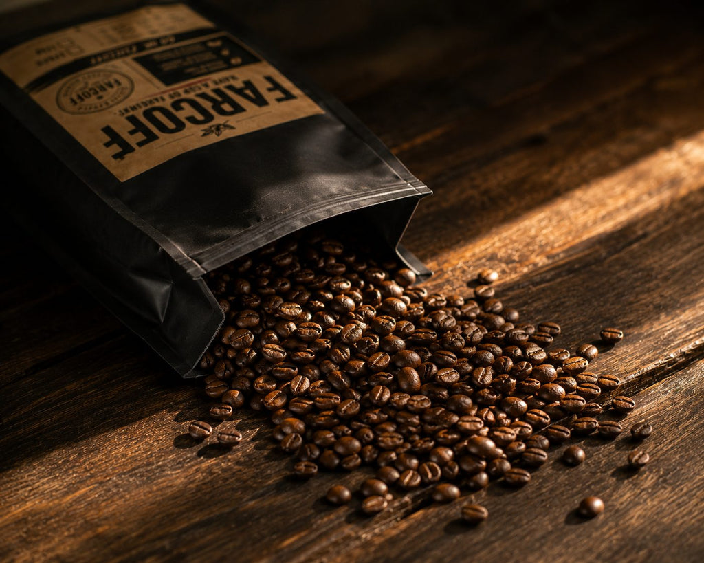 FARCOFF beans spilling from the black bag