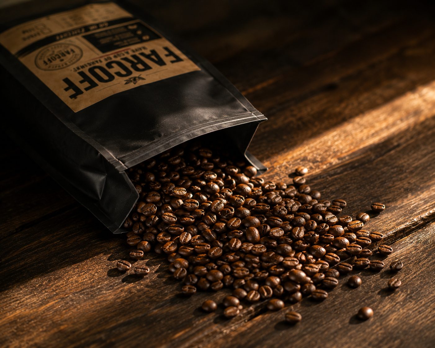 FARCOFF beans spilling from the black bag