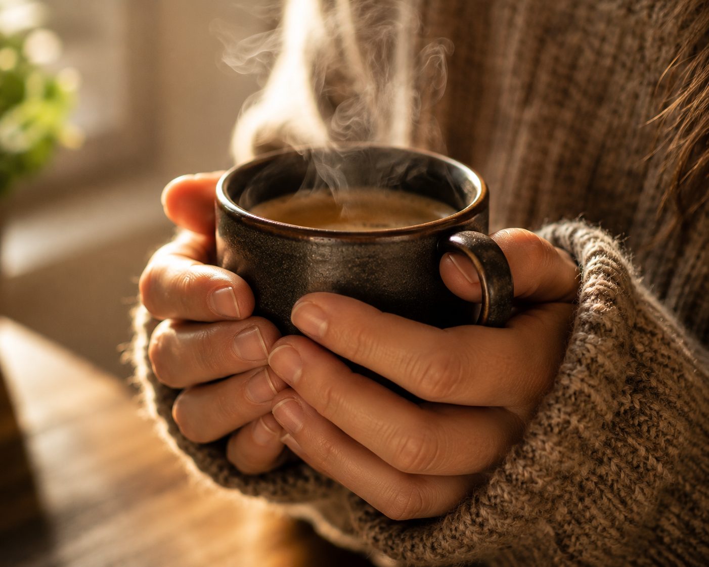 Hands around a warm mug of FARCOFF coffee