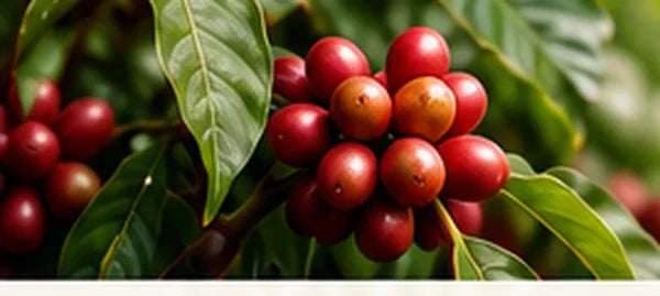Red coffee cherries growing on a coffee plant