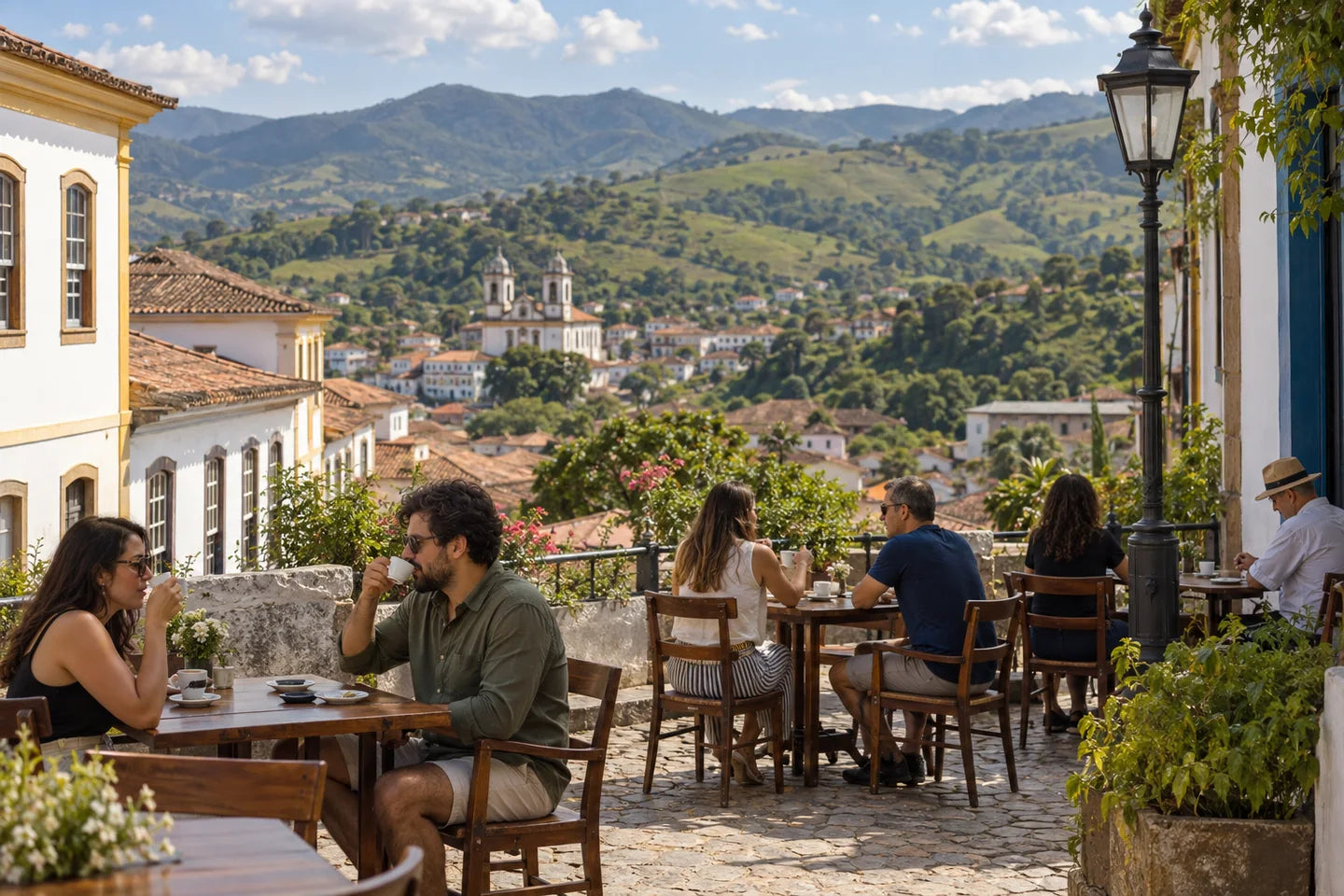 Illustrative coffee culture scene connected to an origin of Brazil