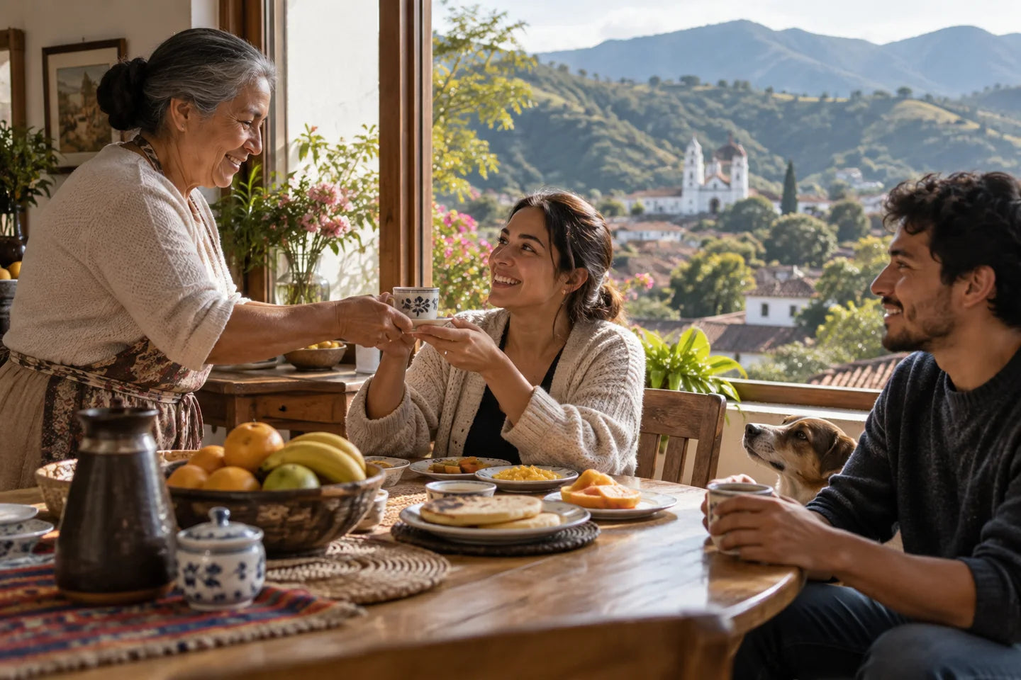 Illustrative coffee culture scene connected to an origin of Colombia