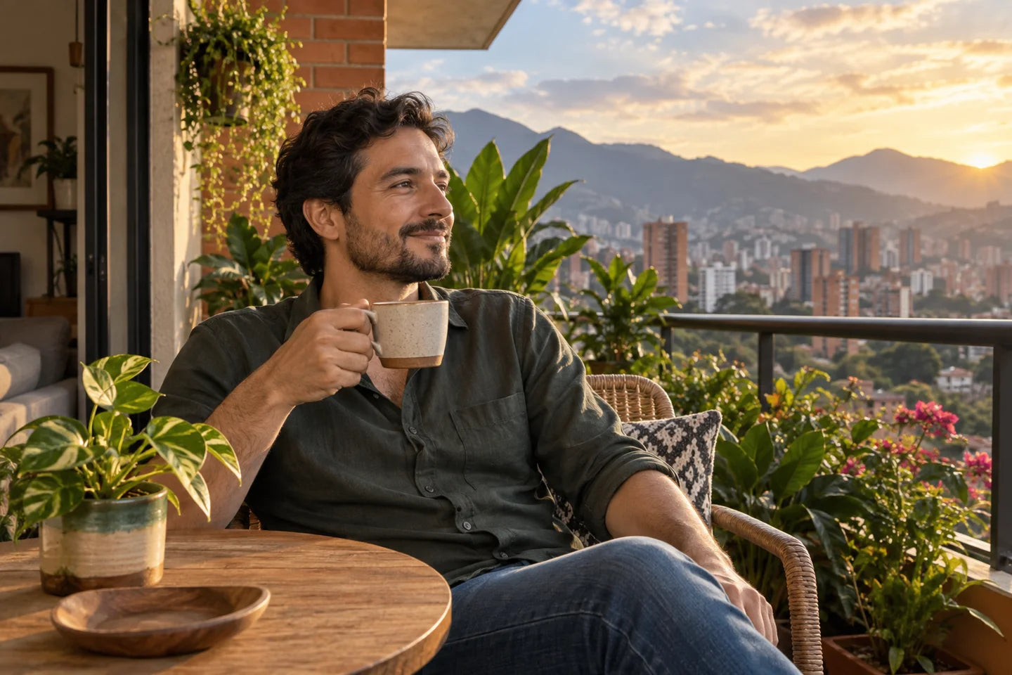 Illustrative coffee culture scene connected to an origin of Colombia Decaf