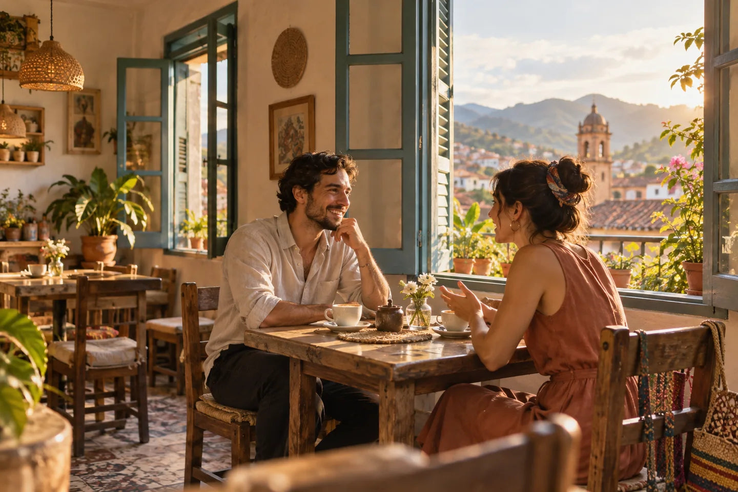 Illustrative coffee culture scene connected to an origin of Colombia Decaf