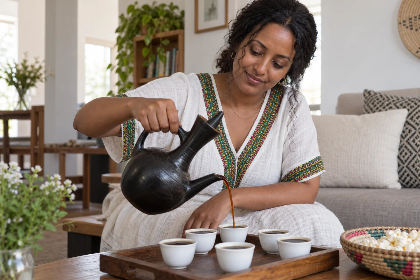 Illustrative coffee culture scene connected to an origin of Ethiopia