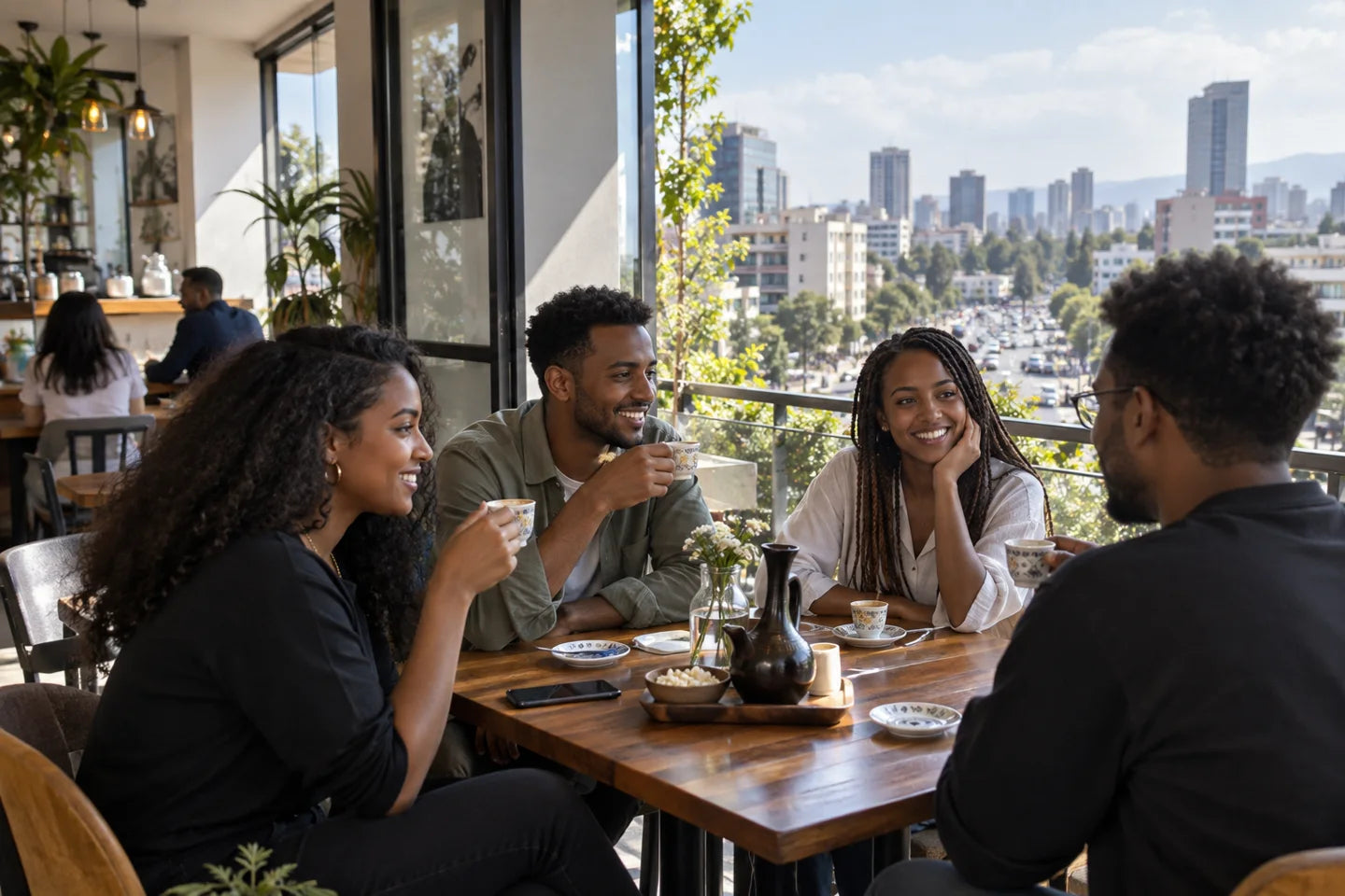 Illustrative coffee culture scene connected to an origin of Ethiopia