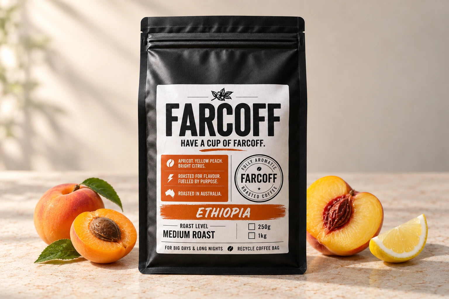 Apricot, yellow peach and bright citrus.