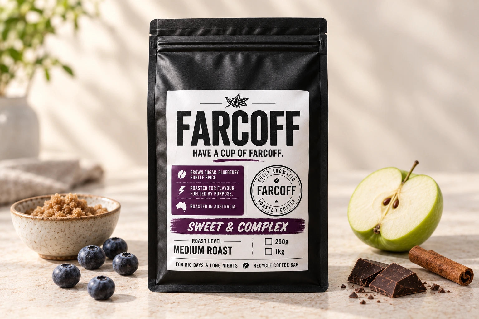 Brown sugar, green apple, blueberry, chocolate and spice.