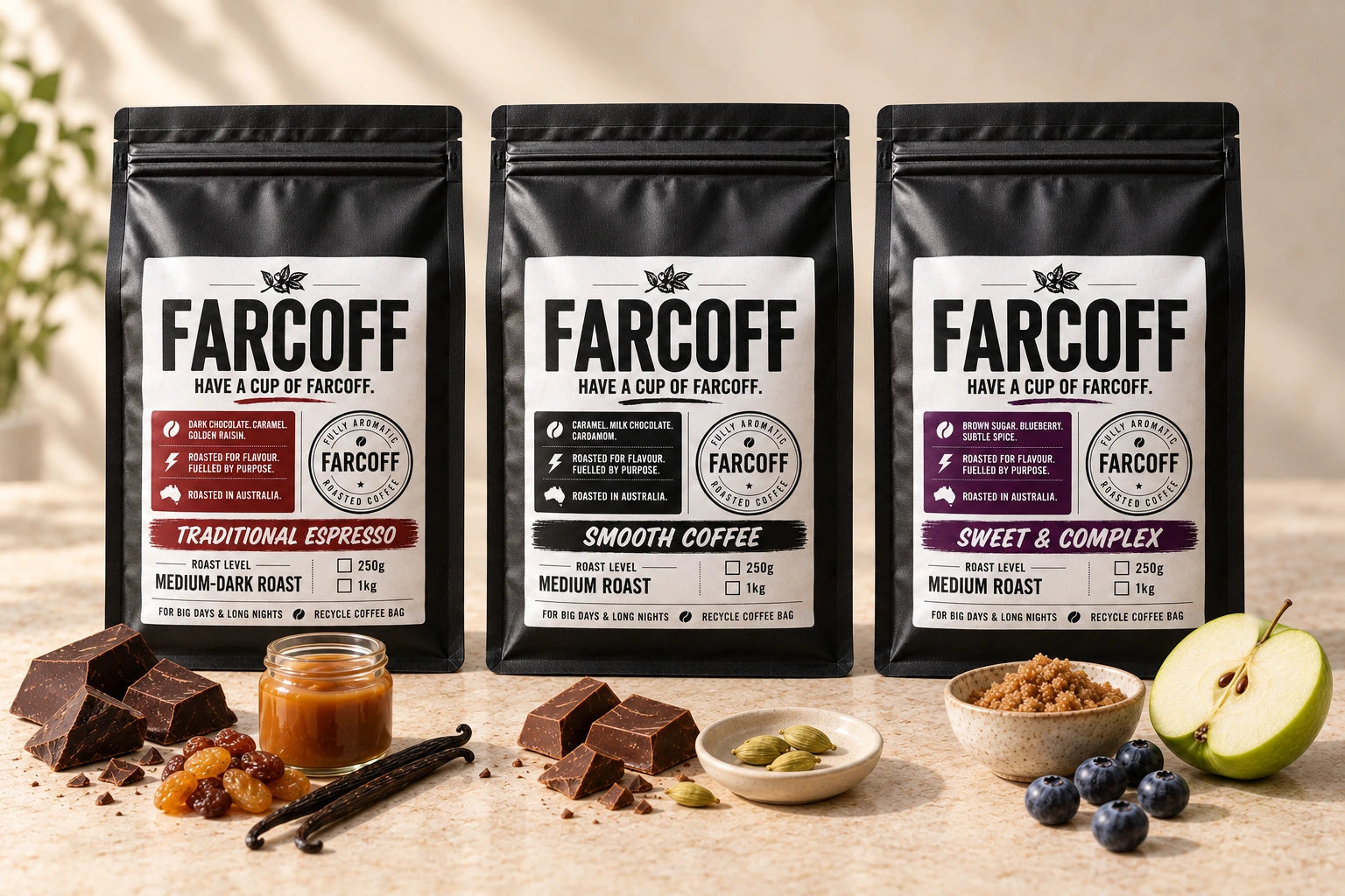 Three blends: chocolate, caramel and a fruity little twist.